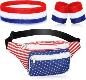 Eccliy 4 Pieces American Flag Fanny Pack with Patriotic Sweatband and Wristbands 4th of July Waist Bag Terry Cloth Wristband 4th of July Accessories for Fitness Men Women Workout Outdoor Yoga Exercise