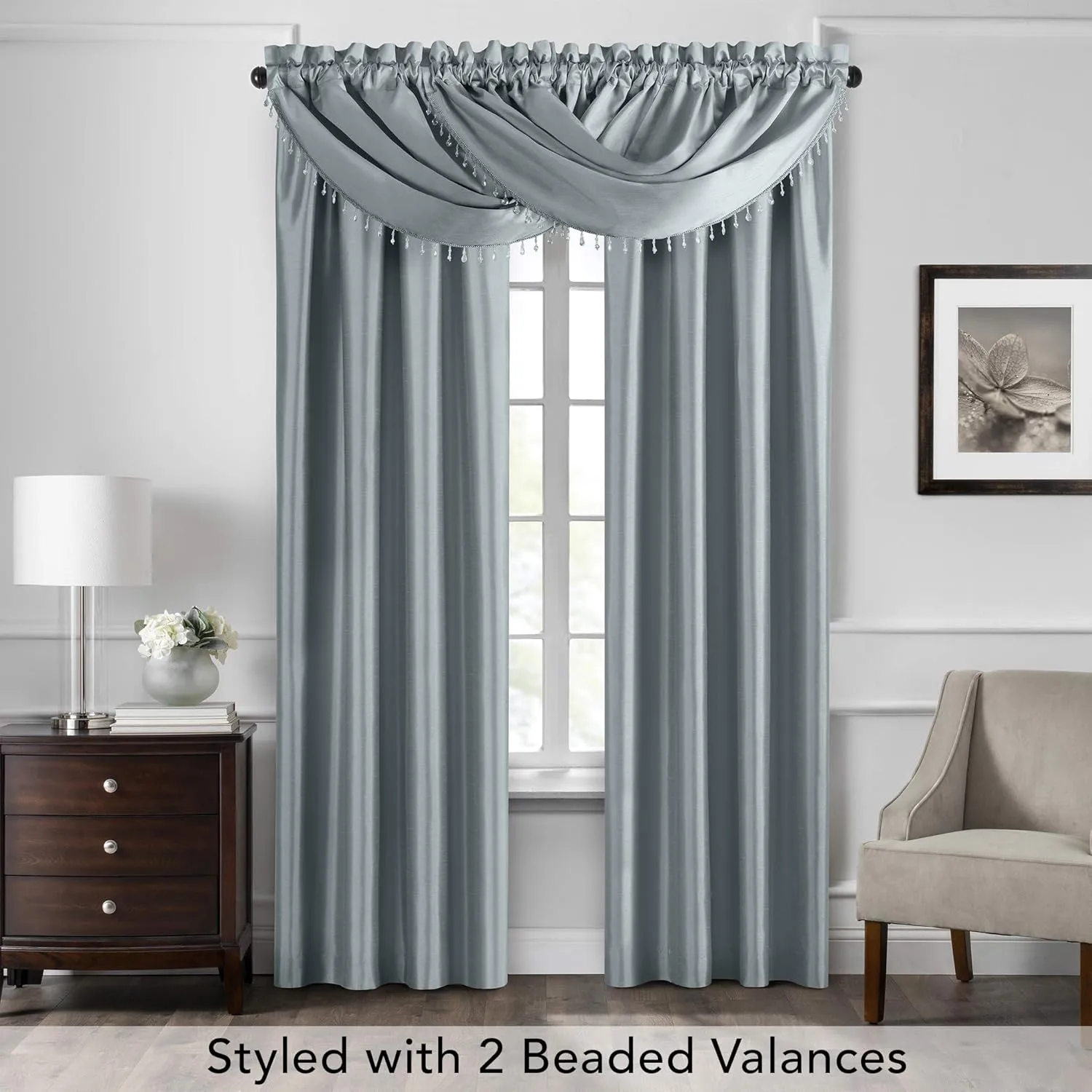 Elrene Home Fashions Colette Faux Silk Waterfall Beaded Window Valance, 42" x 22", Mineral