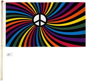 Embroidered and Applique Patches - 5' Wood Flag Pole Kit Wall Mount Bracket 3x5 Rainbow Peace Swirl Polyester Flag - Applique and Embroidered Patches