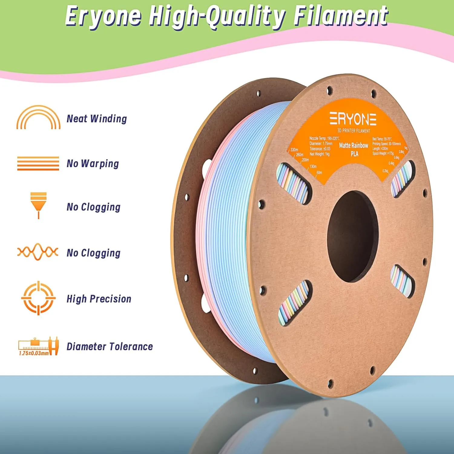 ERYONE Matte Rainbow 3D Printer PLA Filament 1.75  /- 0.03mm, Matte Muticolor Filament PLA 1KG(2.2LBS) Spool, Matte Macaron Rainbow