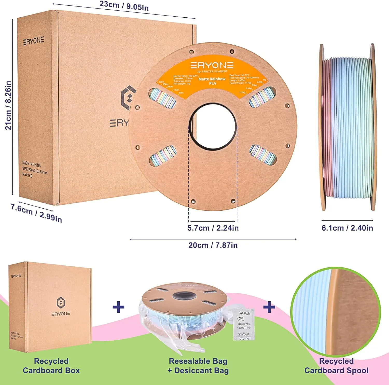 ERYONE Matte Rainbow 3D Printer PLA Filament 1.75  /- 0.03mm, Matte Muticolor Filament PLA 1KG(2.2LBS) Spool, Matte Macaron Rainbow