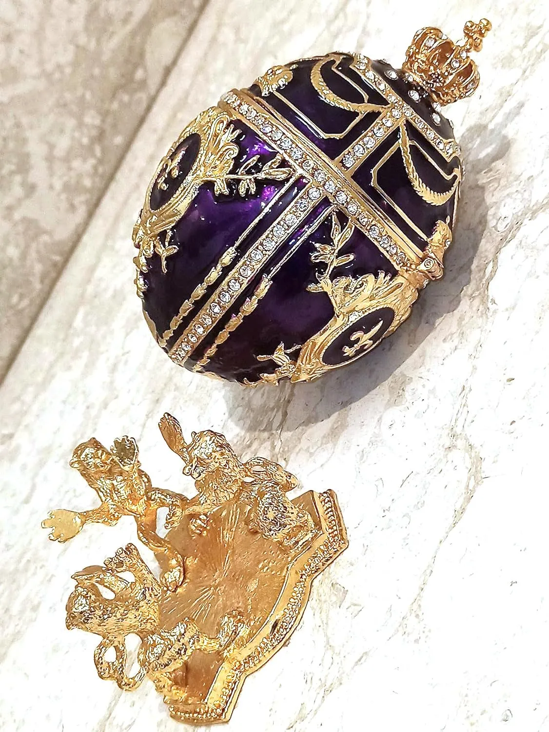 Fabergé Egg Pure GOLD decor 4ct Collectors Egg Russian Jewelry Box Faberge Egg Trinket HANDMADE Faberge Box 200 Austrian Crystal Diamonds & Gold Bracelet Womens Jewellery Gift Ideas (Royal Amethyst)