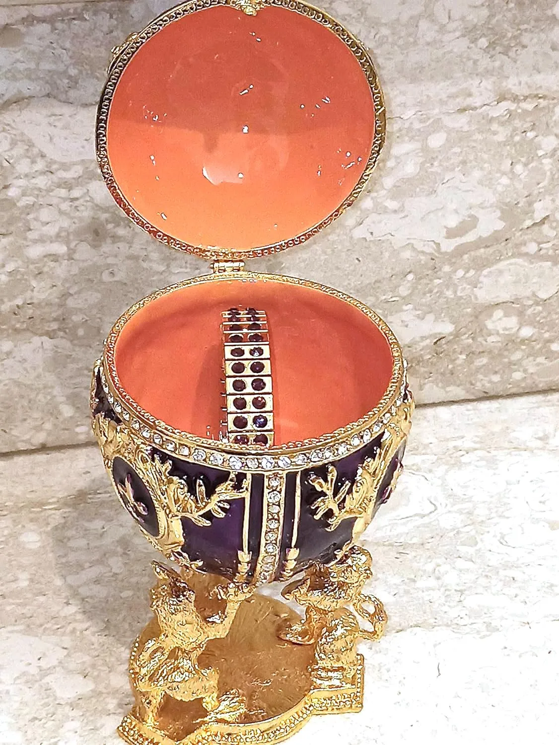 Fabergé Egg Pure GOLD decor 4ct Collectors Egg Russian Jewelry Box Faberge Egg Trinket HANDMADE Faberge Box 200 Austrian Crystal Diamonds & Gold Bracelet Womens Jewellery Gift Ideas (Royal Amethyst)