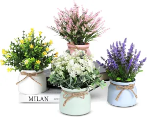 Fake Potted Plants - 4pcs Artificial Plants & Flowers in Macaron Pot Small Faux Plants Indoor Fake Plant Decor, Desk Plant for Home Bathroom Kitchen Shelf Office Decor
