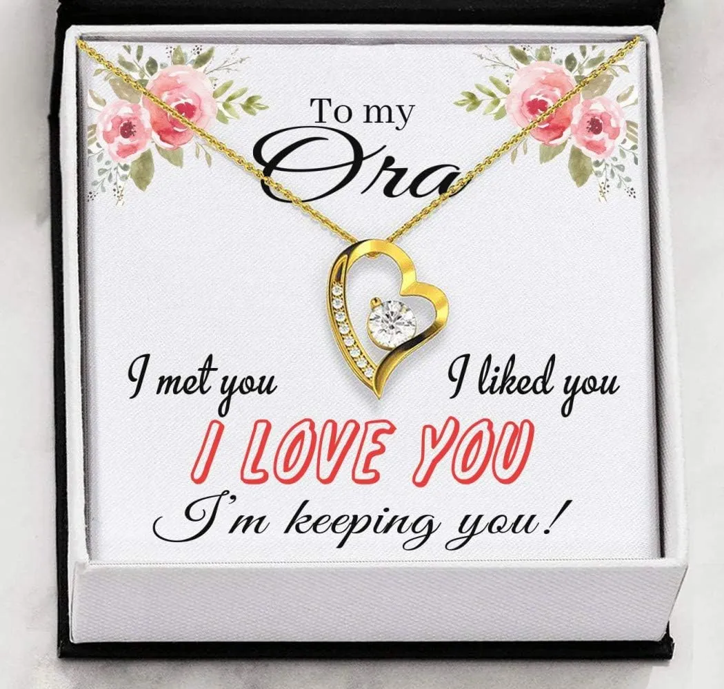 FamilyGift Valentine's Day Necklaces with First Name - to My Ora I Met You, I Liked You, I Love You, I'm Keeping You - Heart Necklace Pendant Necklace with Message for Women