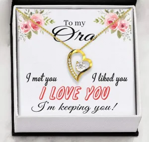 FamilyGift Valentine's Day Necklaces with First Name - to My Ora I Met You, I Liked You, I Love You, I'm Keeping You - Heart Necklace Pendant Necklace with Message for Women