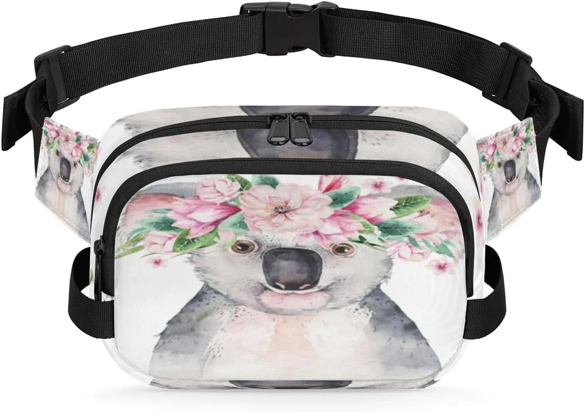 Fanny Pack for Women Men Koala Flower Crossbody Belt Bag with 3 Zipper Pockets Fashion Waterproof Waist Pack with Adjustable Strap for Travel Running Hiking Cycling