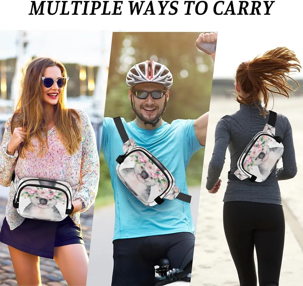 Fanny Pack for Women Men Koala Flower Crossbody Belt Bag with 3 Zipper Pockets Fashion Waterproof Waist Pack with Adjustable Strap for Travel Running Hiking Cycling