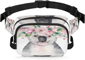 Fanny Pack for Women Men Koala Flower Crossbody Belt Bag with 3 Zipper Pockets Fashion Waterproof Waist Pack with Adjustable Strap for Travel Running Hiking Cycling