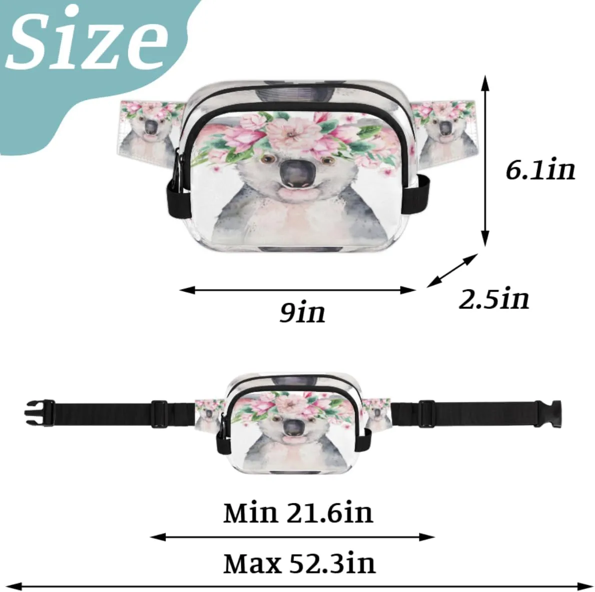 Fanny Pack for Women Men Koala Flower Crossbody Belt Bag with 3 Zipper Pockets Fashion Waterproof Waist Pack with Adjustable Strap for Travel Running Hiking Cycling
