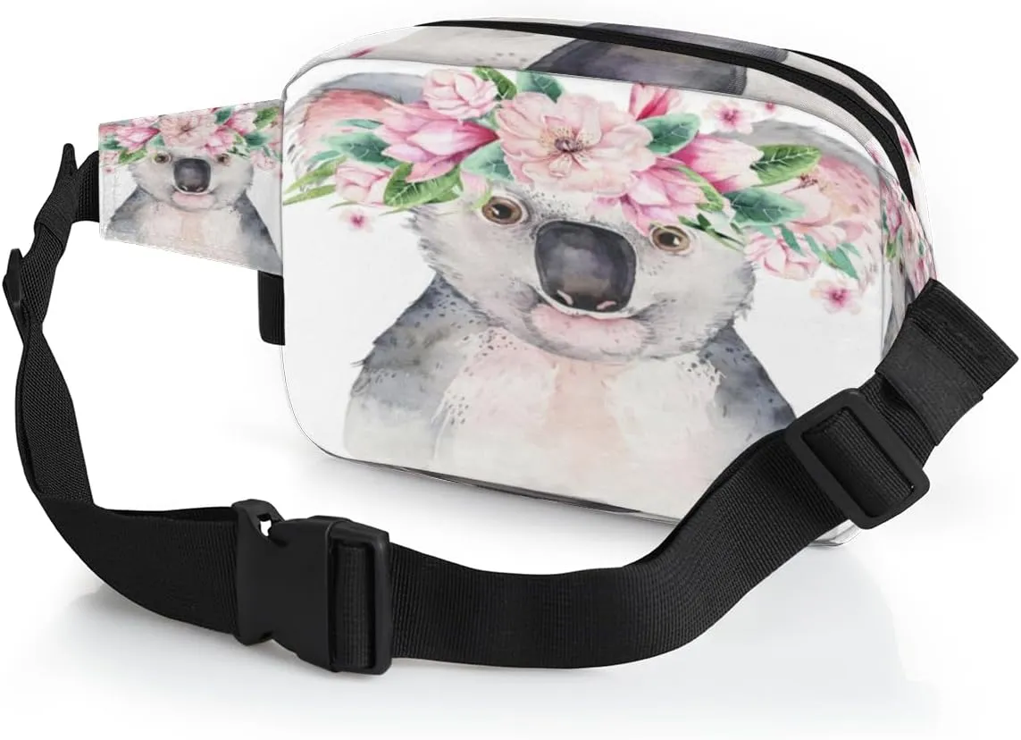 Fanny Pack for Women Men Koala Flower Crossbody Belt Bag with 3 Zipper Pockets Fashion Waterproof Waist Pack with Adjustable Strap for Travel Running Hiking Cycling