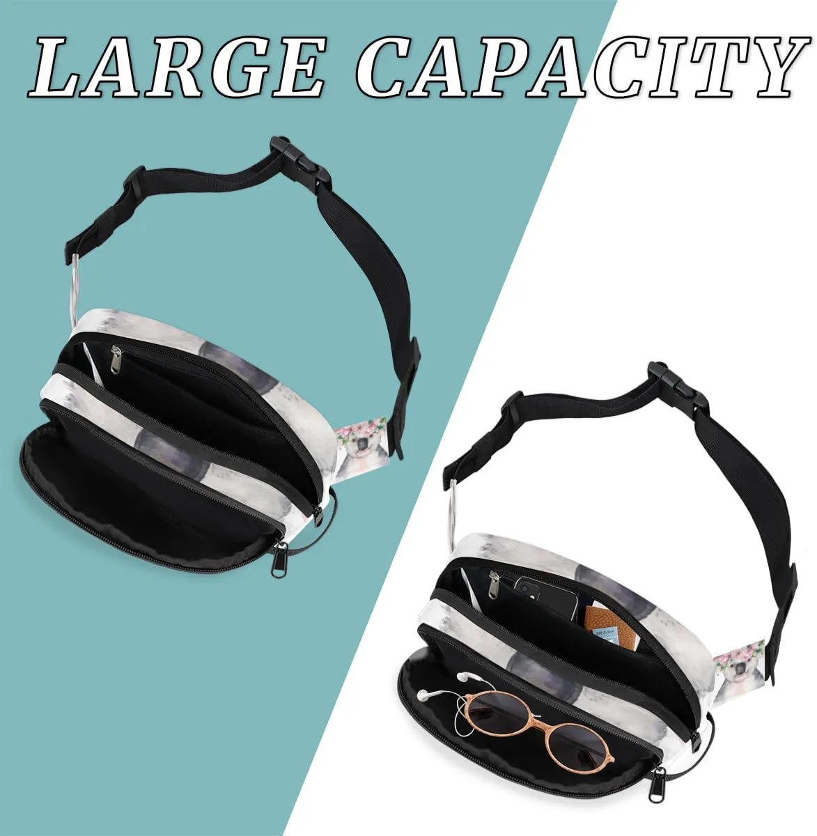 Fanny Pack for Women Men Koala Flower Crossbody Belt Bag with 3 Zipper Pockets Fashion Waterproof Waist Pack with Adjustable Strap for Travel Running Hiking Cycling