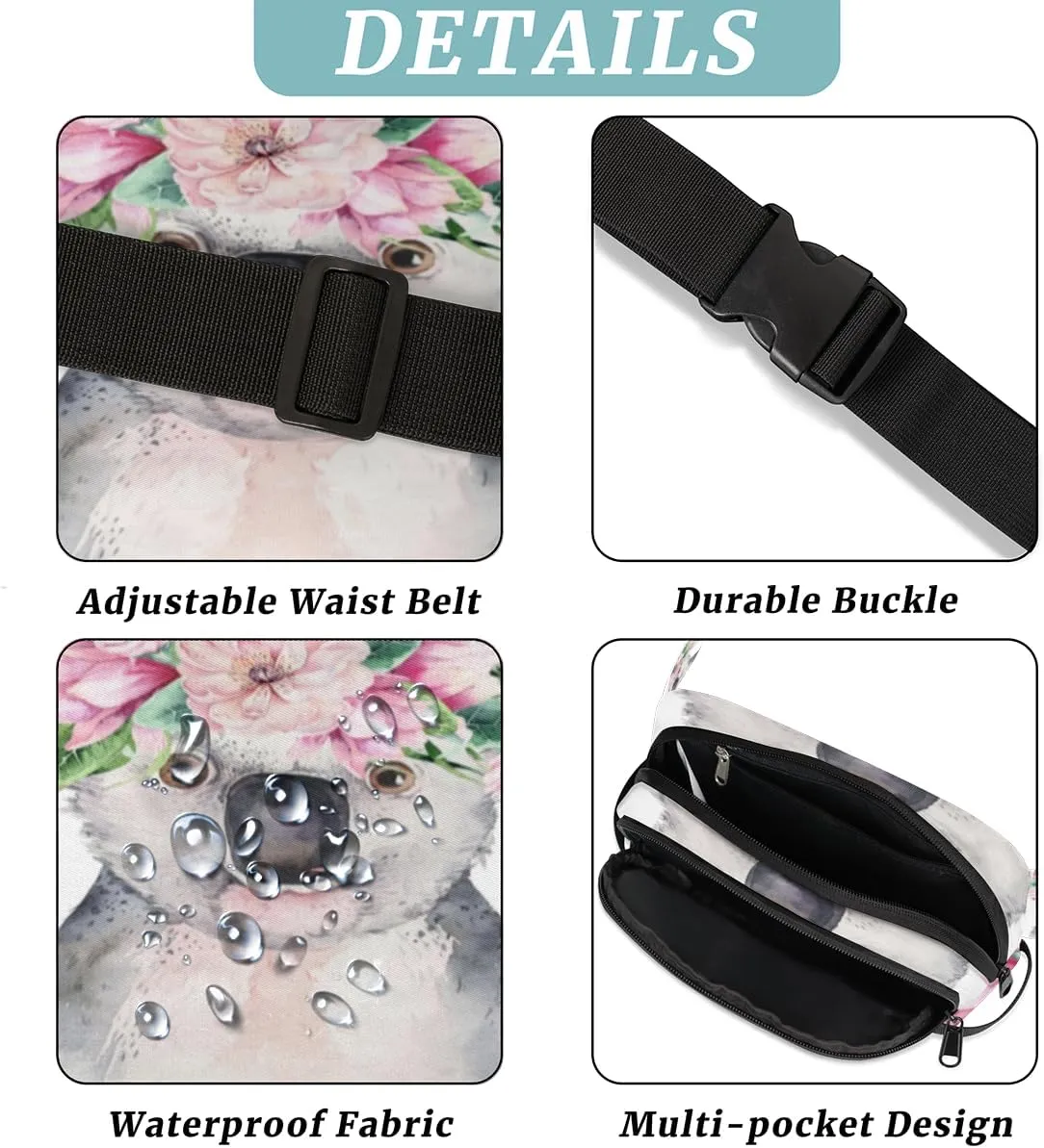 Fanny Pack for Women Men Koala Flower Crossbody Belt Bag with 3 Zipper Pockets Fashion Waterproof Waist Pack with Adjustable Strap for Travel Running Hiking Cycling
