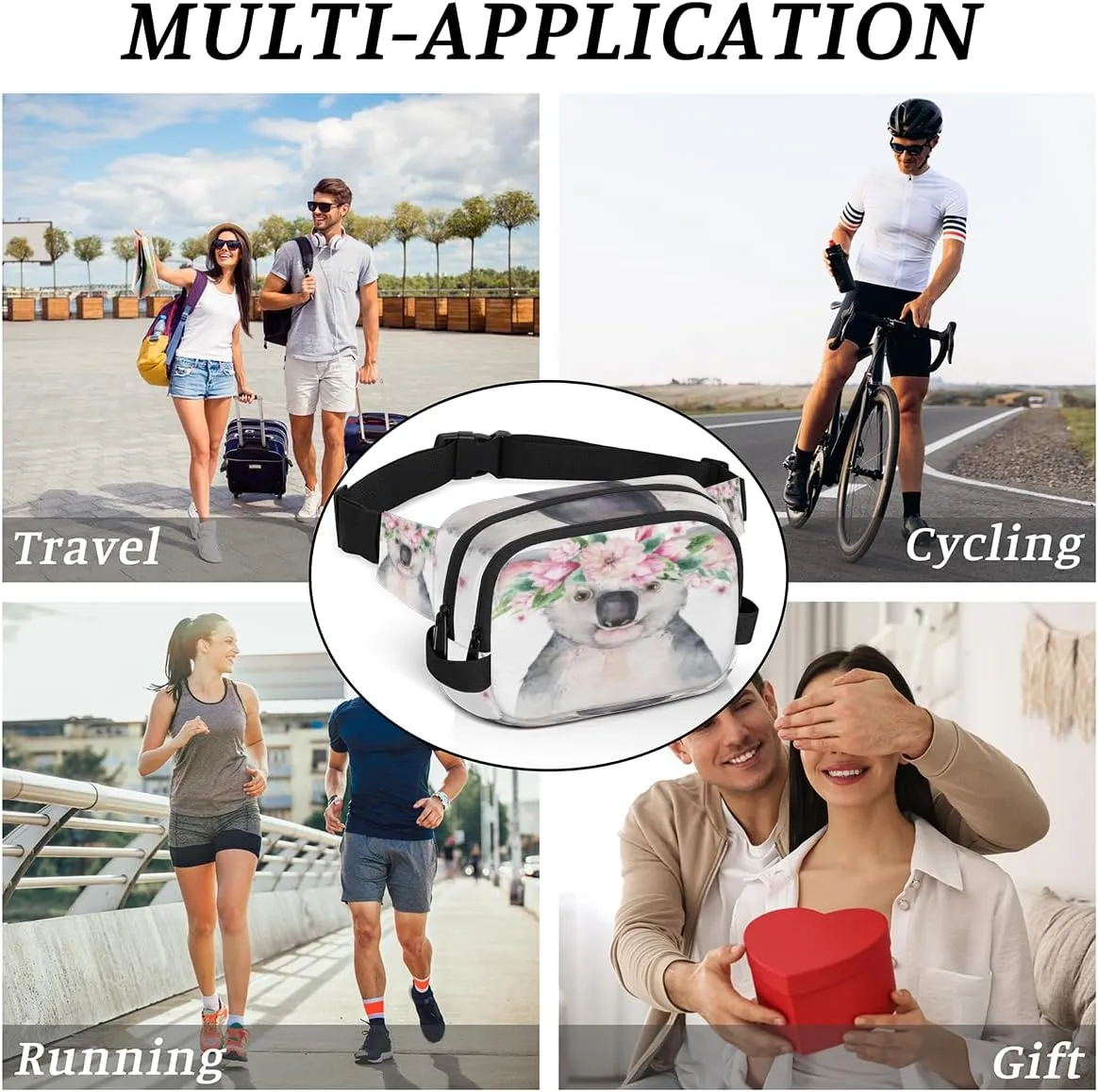 Fanny Pack for Women Men Koala Flower Crossbody Belt Bag with 3 Zipper Pockets Fashion Waterproof Waist Pack with Adjustable Strap for Travel Running Hiking Cycling