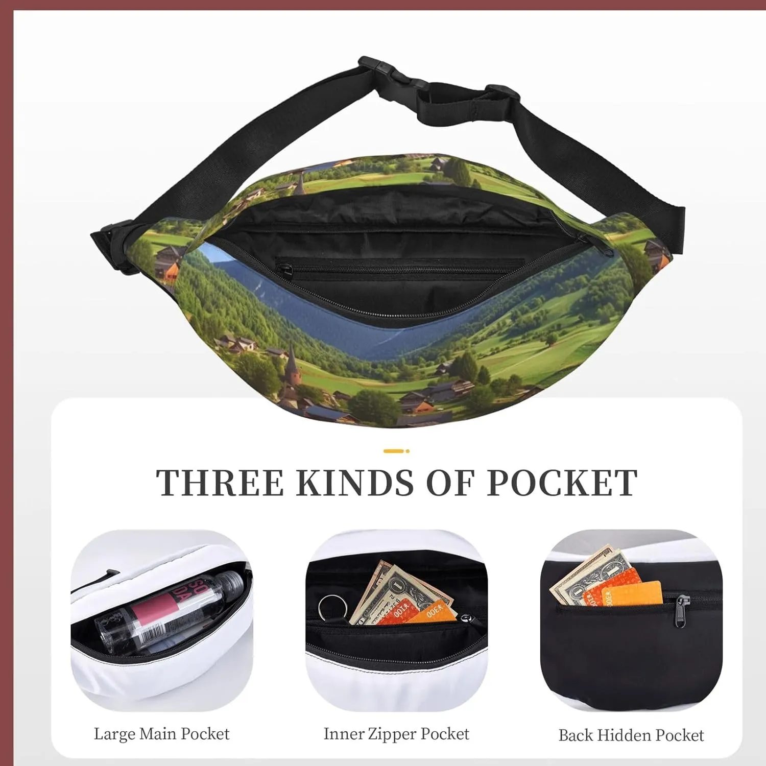 Fanny Packs For Women Men Waist Bag Waterproof Sport Belt Bag Village Scenic Fashion Waist Pack Adjustable Crossbody Bags Zipper Bum Bag For Running Hiking Travel