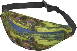 Fanny Packs For Women Men Waist Bag Waterproof Sport Belt Bag Village Scenic Fashion Waist Pack Adjustable Crossbody Bags Zipper Bum Bag For Running Hiking Travel