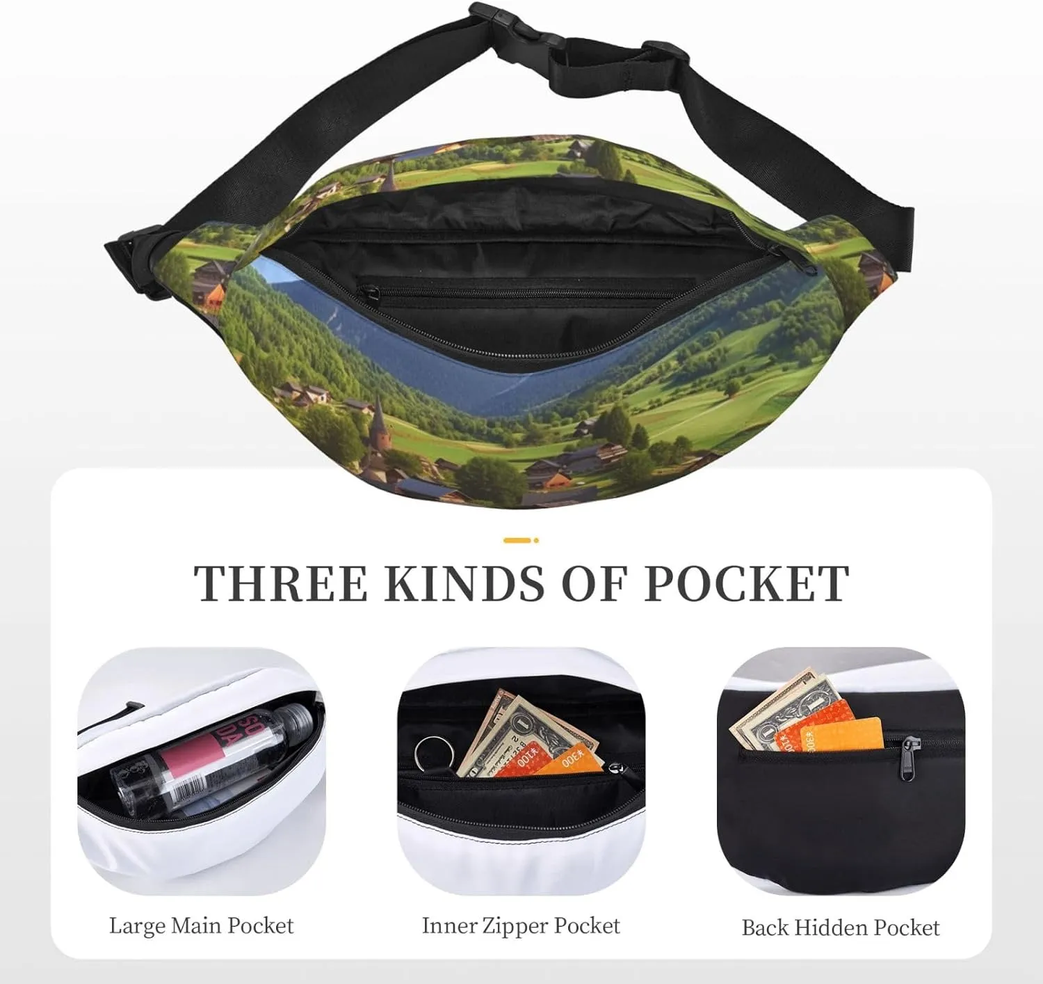Fanny Packs For Women Men Waist Bag Waterproof Sport Belt Bag Village Scenic Fashion Waist Pack Adjustable Crossbody Bags Zipper Bum Bag For Running Hiking Travel