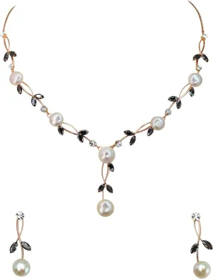 Faship Gorgeous CZ Crystal Genuine Freshwater Pearls Floral Necklace Earrings Set