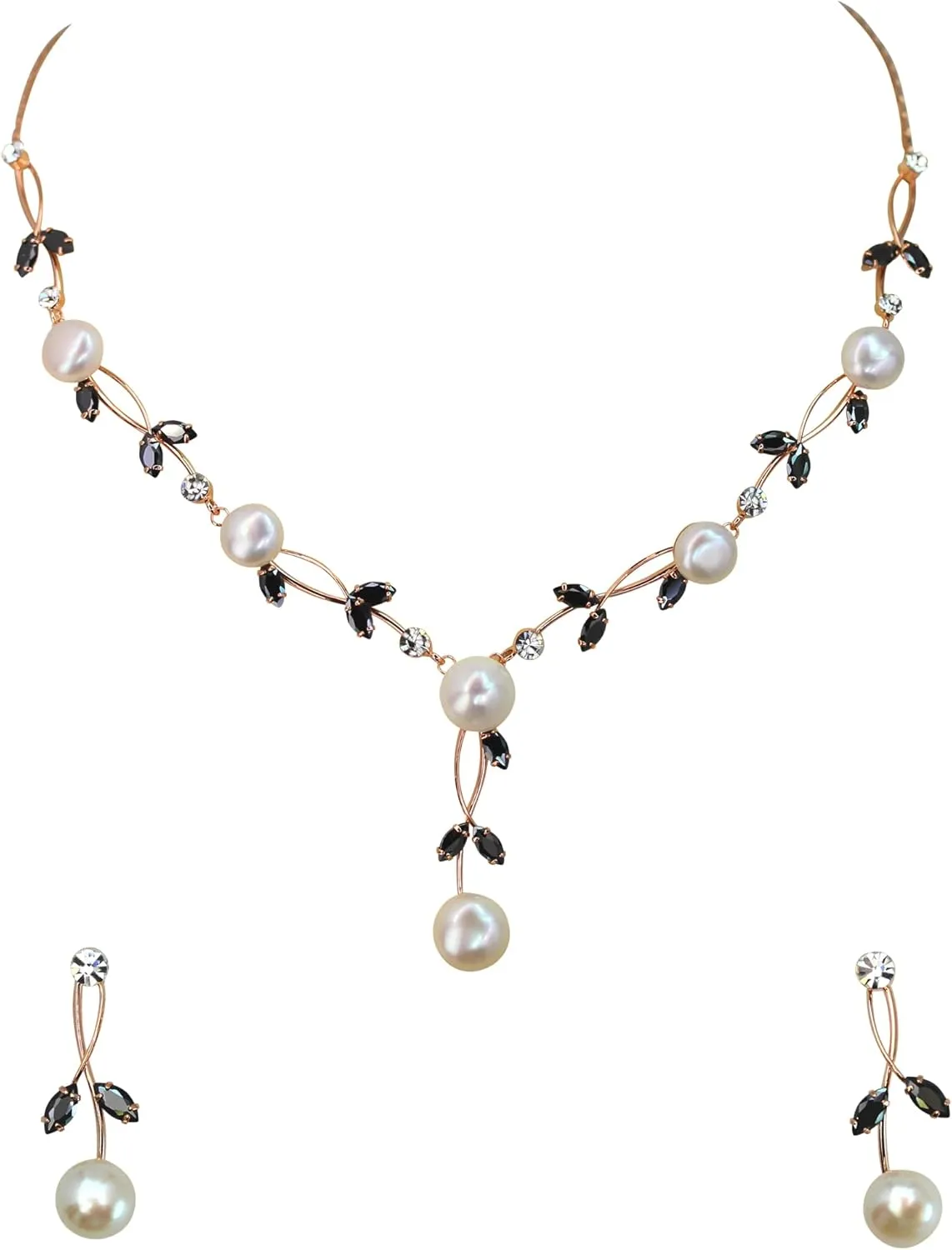 Faship Gorgeous CZ Crystal Genuine Freshwater Pearls Floral Necklace Earrings Set