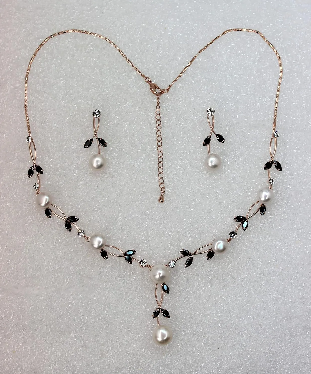 Faship Gorgeous CZ Crystal Genuine Freshwater Pearls Floral Necklace Earrings Set