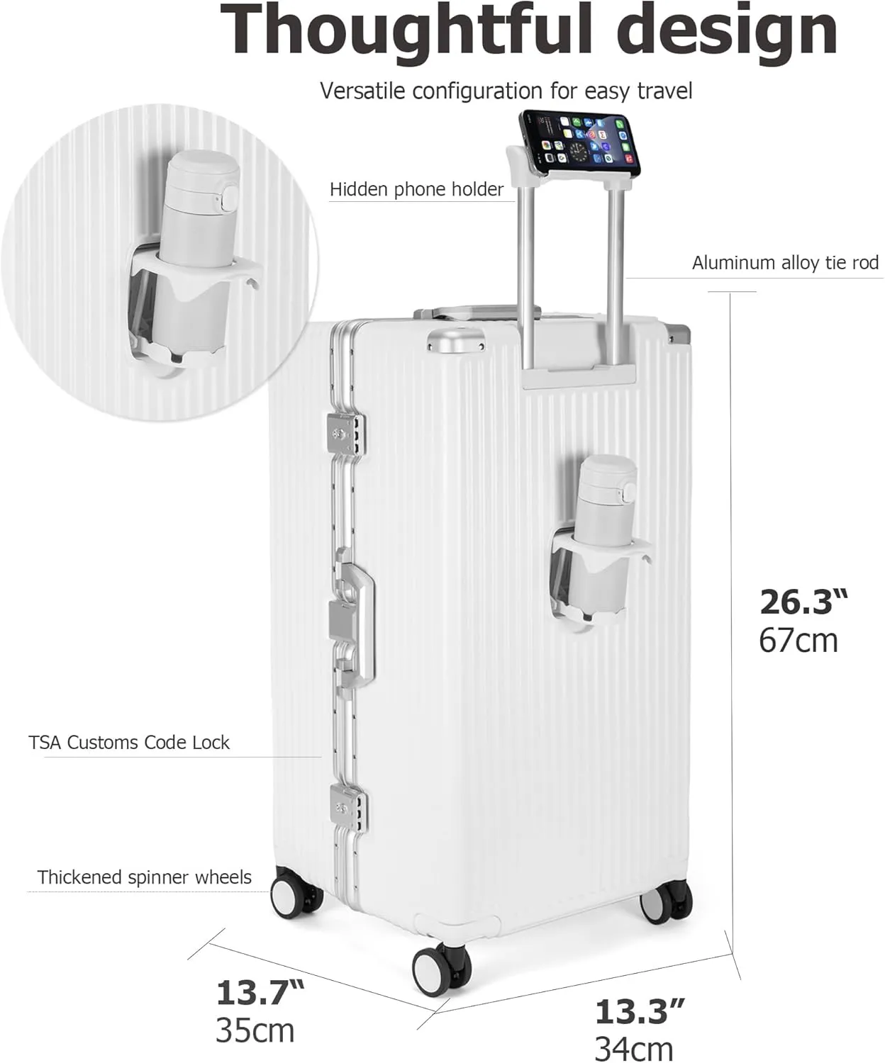 feilario 26in Super Large Captain Aluminum Frame Hardside Spinner Wheels Luggage, Zipperless Checked Suitcase with Cup Holder/Phone Holder