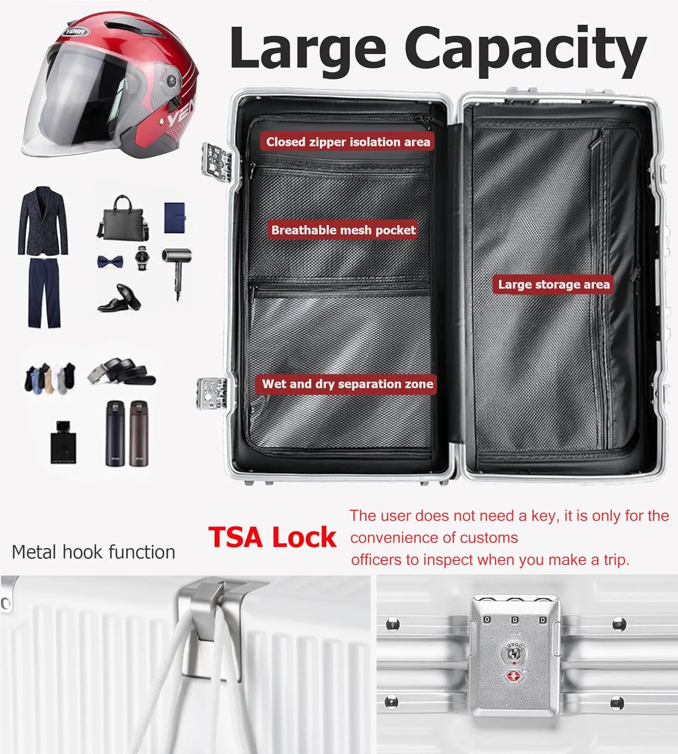 feilario 26in Super Large Captain Aluminum Frame Hardside Spinner Wheels Luggage, Zipperless Checked Suitcase with Cup Holder/Phone Holder