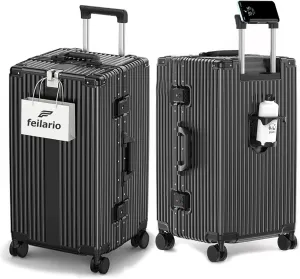 feilario 26in Super Large Captain Aluminum Frame Hardside Spinner Wheels Luggage, Zipperless Checked Suitcase with Cup Holder/Phone Holder