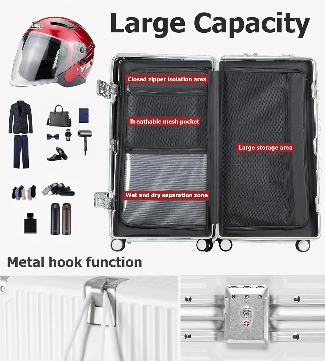feilario 26in Super Large Captain Aluminum Frame Hardside Spinner Wheels Luggage, Zipperless Checked Suitcase with Cup Holder/Phone Holder