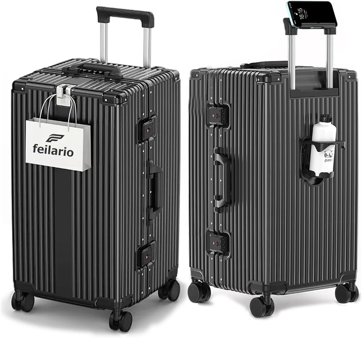 feilario 26in Super Large Captain Aluminum Frame Hardside Spinner Wheels Luggage, Zipperless Checked Suitcase with Cup Holder/Phone Holder