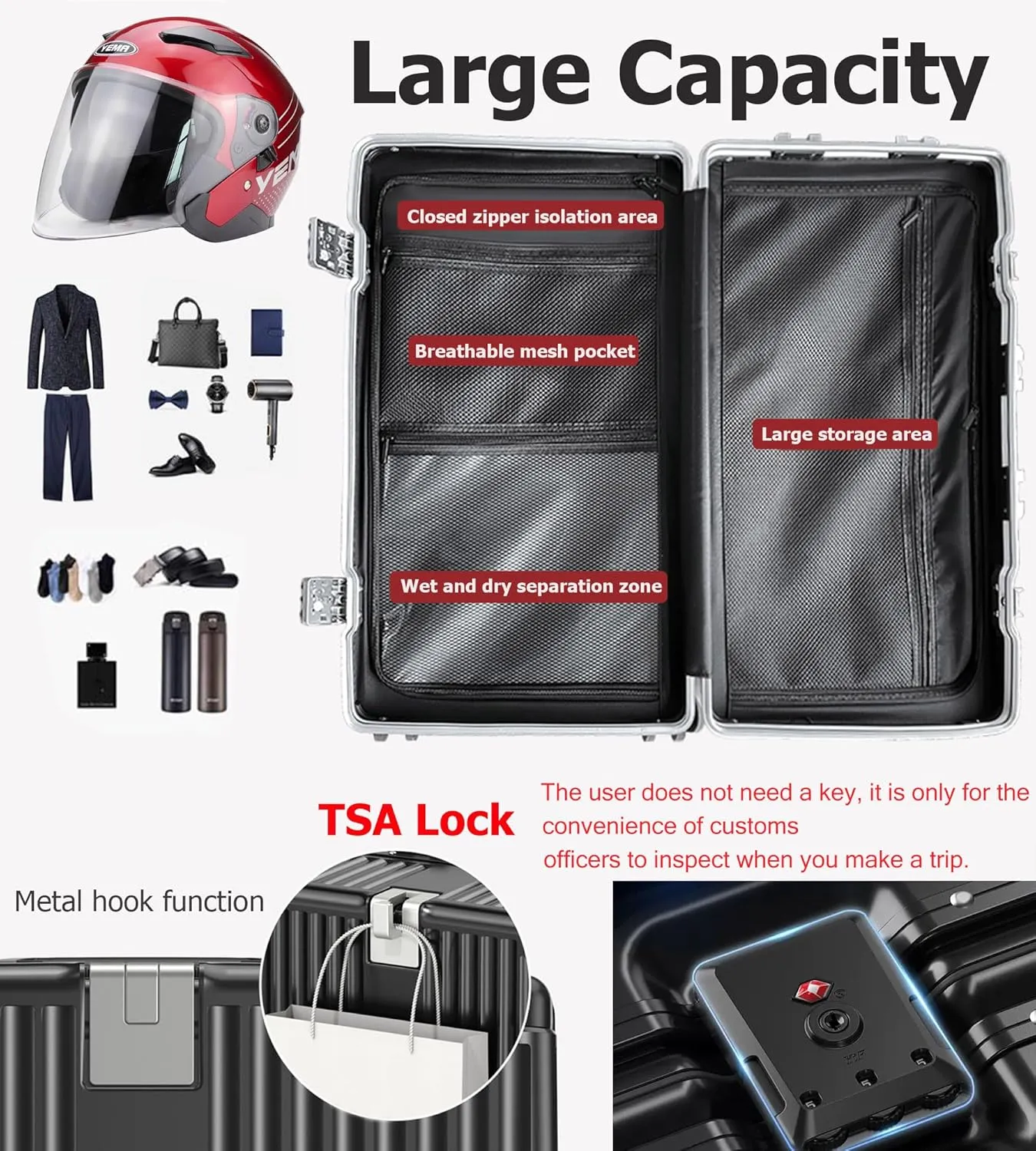 feilario 26in Super Large Captain Aluminum Frame Hardside Spinner Wheels Luggage, Zipperless Checked Suitcase with Cup Holder/Phone Holder
