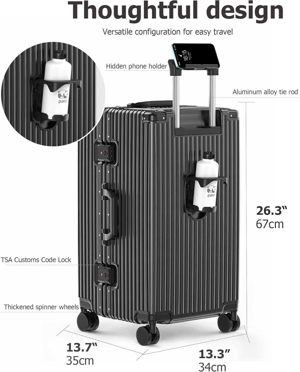 feilario 26in Super Large Captain Aluminum Frame Hardside Spinner Wheels Luggage, Zipperless Checked Suitcase with Cup Holder/Phone Holder
