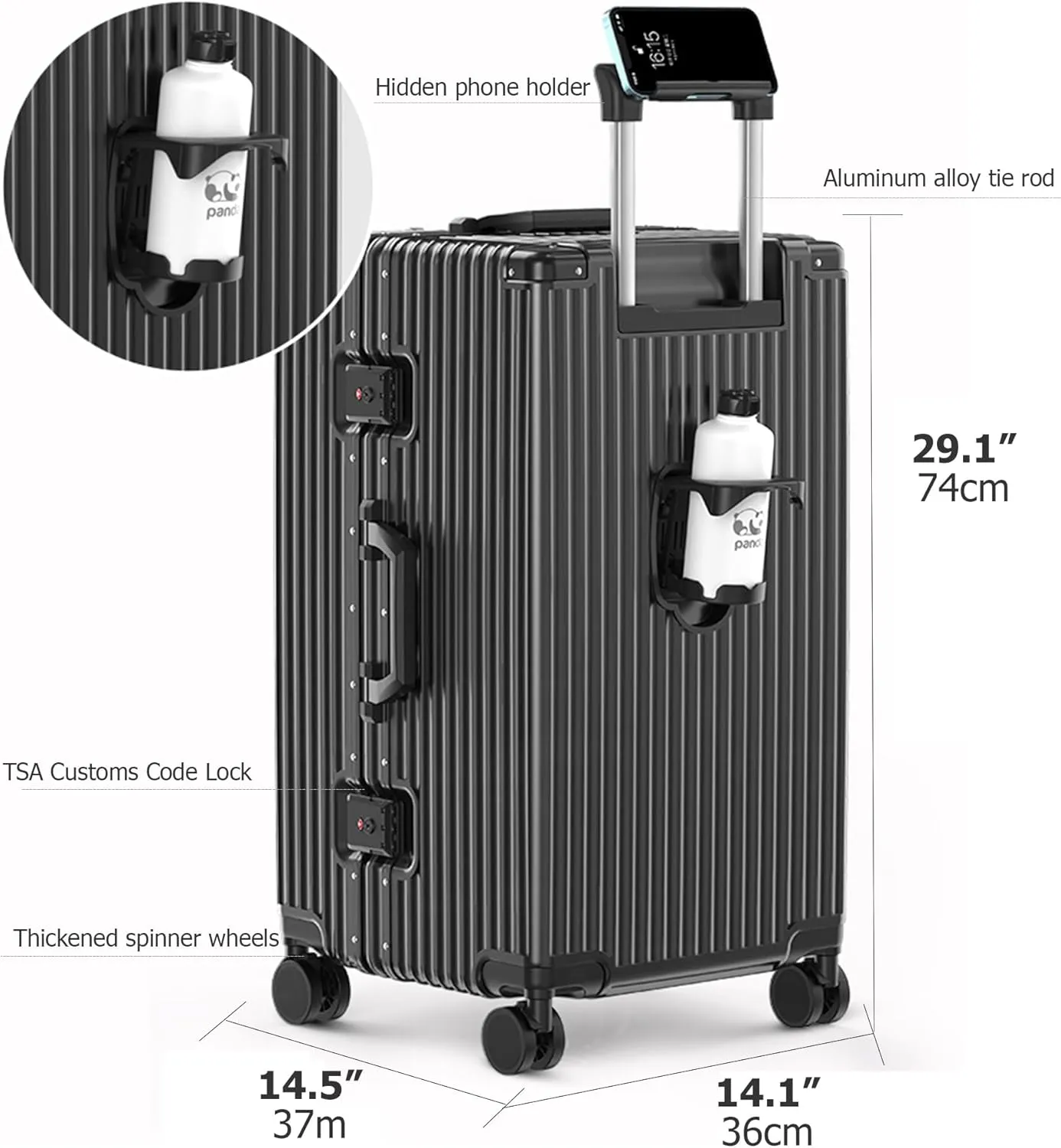 feilario 29in Super Large Captain Aluminum Frame Hardside Spinner Wheels Luggage, Removable Wheels Zipperless Checked Suitcase with Cup Holder/Phone Holder