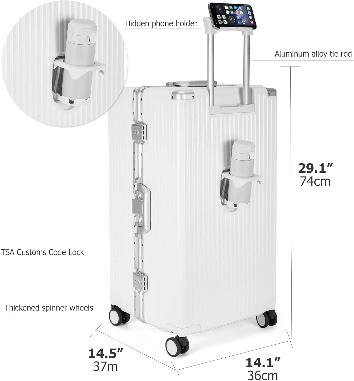 feilario 29in Super Large Captain Aluminum Frame Hardside Spinner Wheels Luggage, Removable Wheels Zipperless Checked Suitcase with Cup Holder/Phone Holder