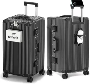feilario 29in Super Large Captain Aluminum Frame Hardside Spinner Wheels Luggage, Removable Wheels Zipperless Checked Suitcase with Cup Holder/Phone Holder