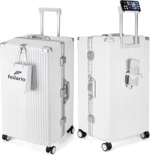 feilario 30in Super Large Captain Aluminum Frame Hardside Spinner Wheels Luggage, Removable Wheels Zipperless Checked Suitcase with Cup Holder/Phone Holder
