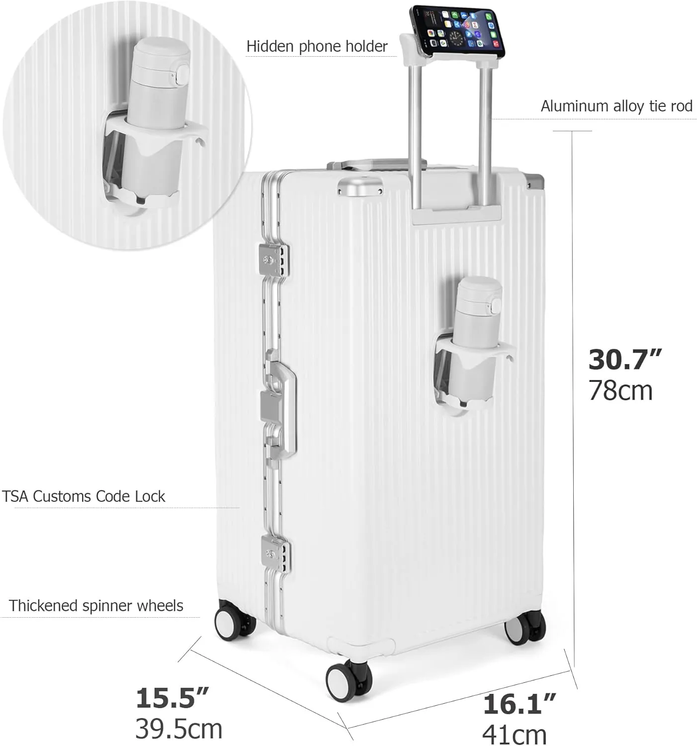 feilario 30in Super Large Captain Aluminum Frame Hardside Spinner Wheels Luggage, Removable Wheels Zipperless Checked Suitcase with Cup Holder/Phone Holder