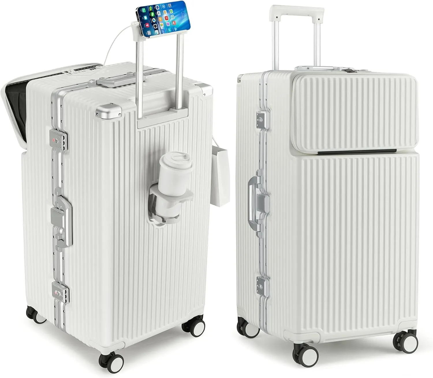 feilario 30in Super Large Captain Aluminum Frame Hardside Spinner Wheels Luggage, Zipperless Checked Suitcase with Front Compartment/Cup Holder/Phone Holder