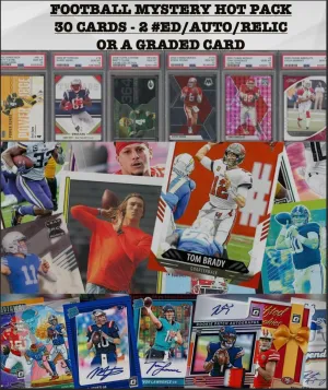 Football Mystery Hot Pack - 30 Cards - 2 Hits or Graded Guaranteed - #'ed, Relic, Auto, PSA or BGS 8 , 10 Rookies/Inserts, Color, Parallel, SP or Top Player