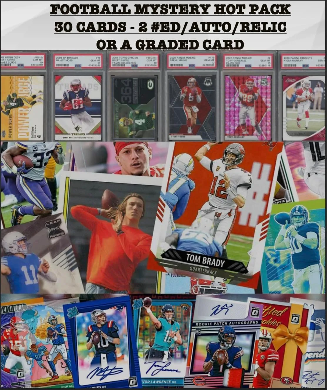 Football Mystery Hot Pack - 30 Cards - 2 Hits or Graded Guaranteed - #'ed, Relic, Auto, PSA or BGS 8 , 10 Rookies/Inserts, Color, Parallel, SP or Top Player