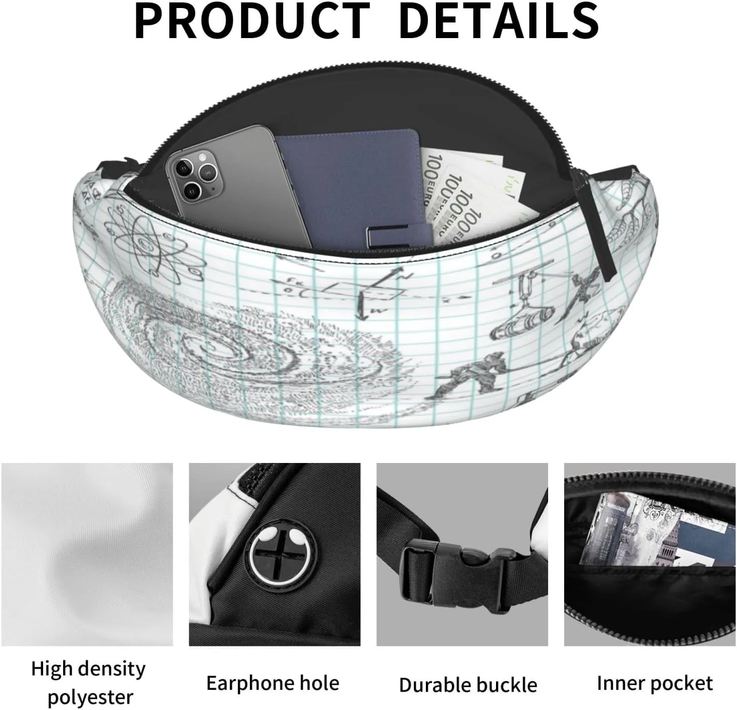 Formula Mathematics Physics Science Fanny Pack, Crossbody Waist Packs for Women Men Waist Bags with Adjustable Strap for Travel Running Hiking Sport