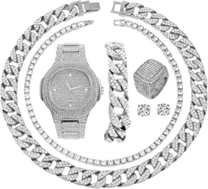 Fully Iced Mens Big Rocks Bezel Color Dial with Roman Numerals, Cuban Chain Bracelet, Cuban Necklace, Tennis Chain & Ring - ST10327CRNT