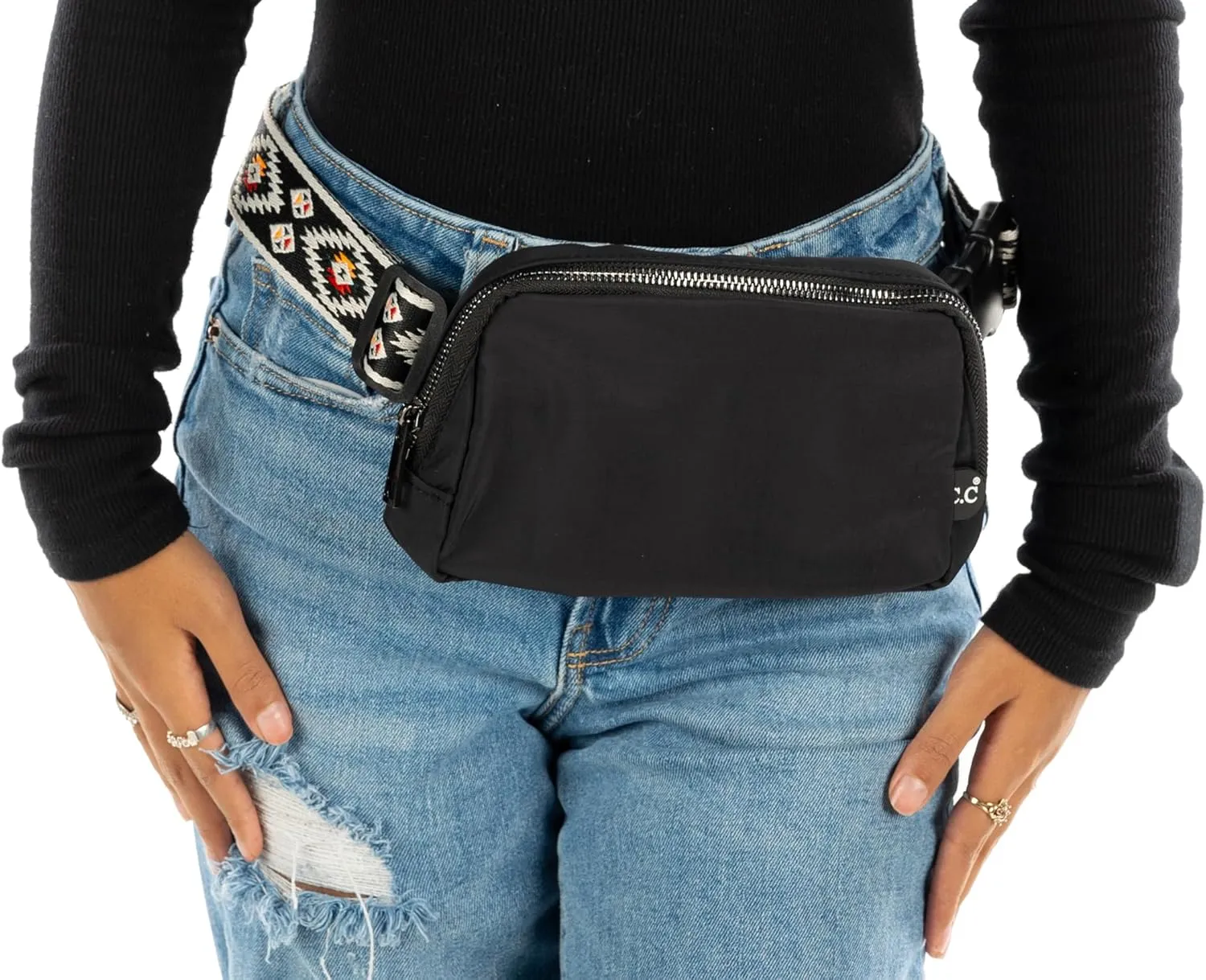 Funky Junque Black Belt Bag Fanny Pack for Women Cross Body Waist Bag with Adjustable Strap, Multiple Pockets for Girls - Aztec Strap - Black