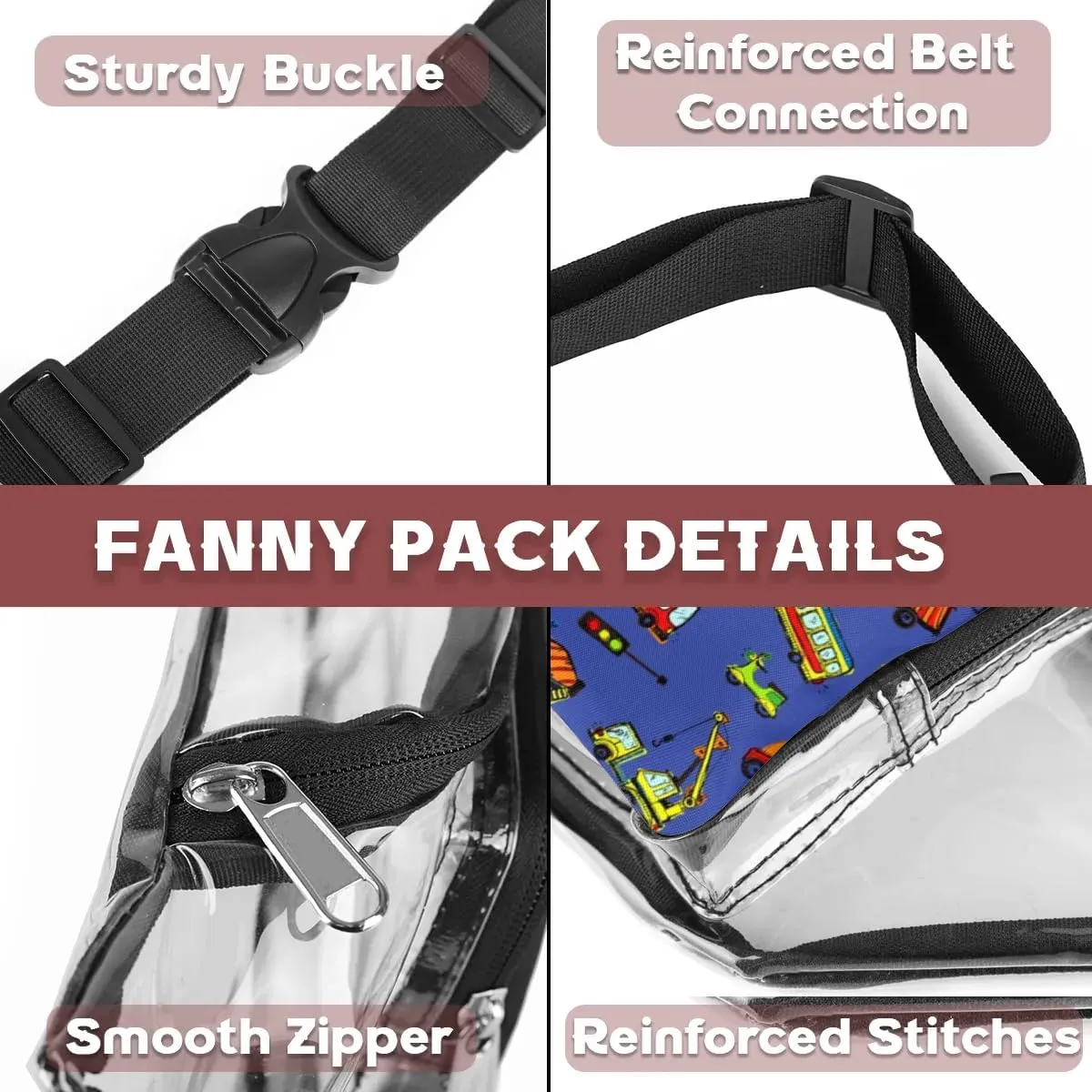 Funny Cars Clear Fanny Pack Stadium Approved Clear Crossbody Belt Bag for Women Men Transparent Waist Bag with Adjustable Strap for Concerts Sports Events Travel