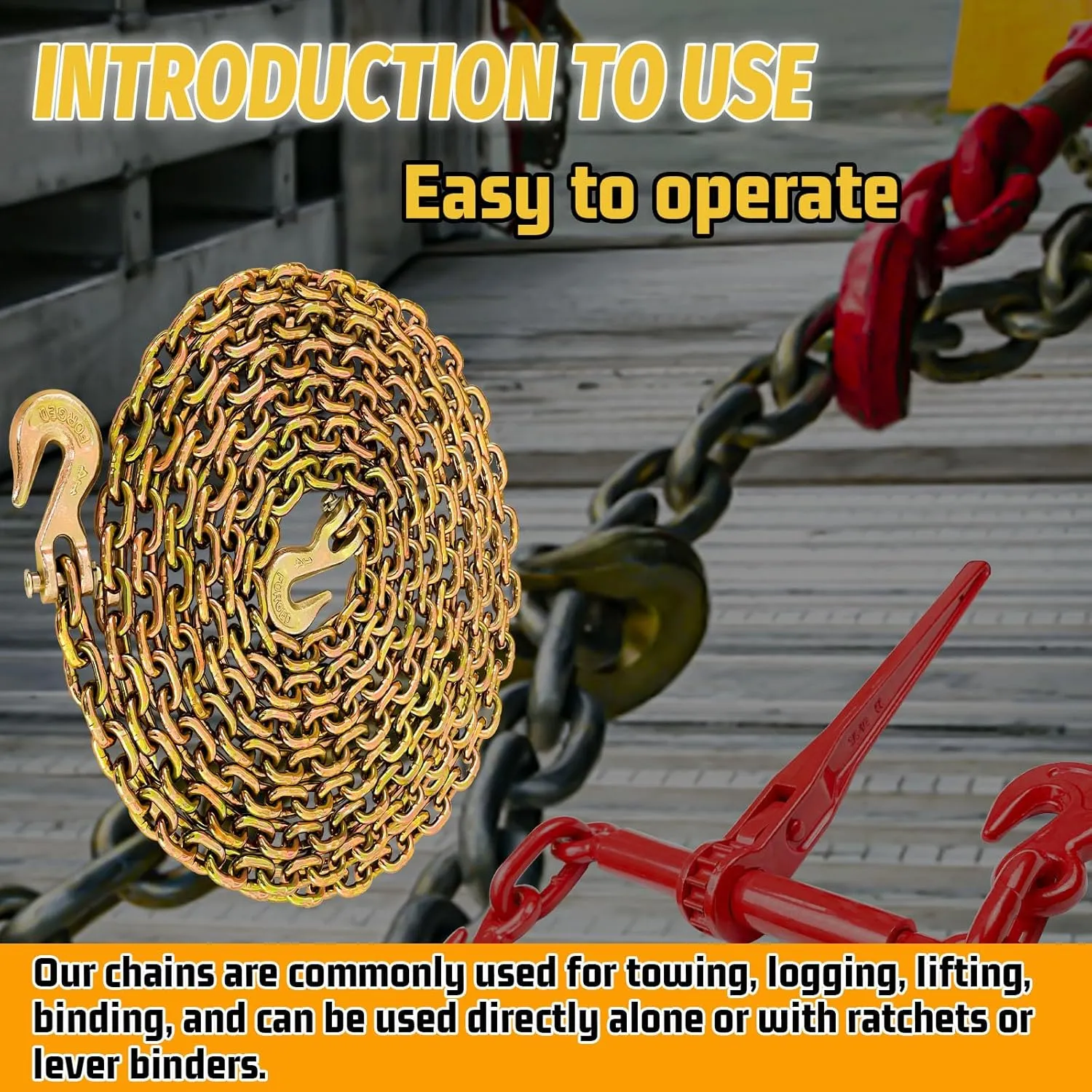 G80 Safety Binder Chain 1/4"×20 FT Heavy Duty Chain Wll 3300 Lbs Break Strength for Towing Log Trailer Safety Chain with Hooks for Transporting Towing Truck Tie Down Binding Equipment