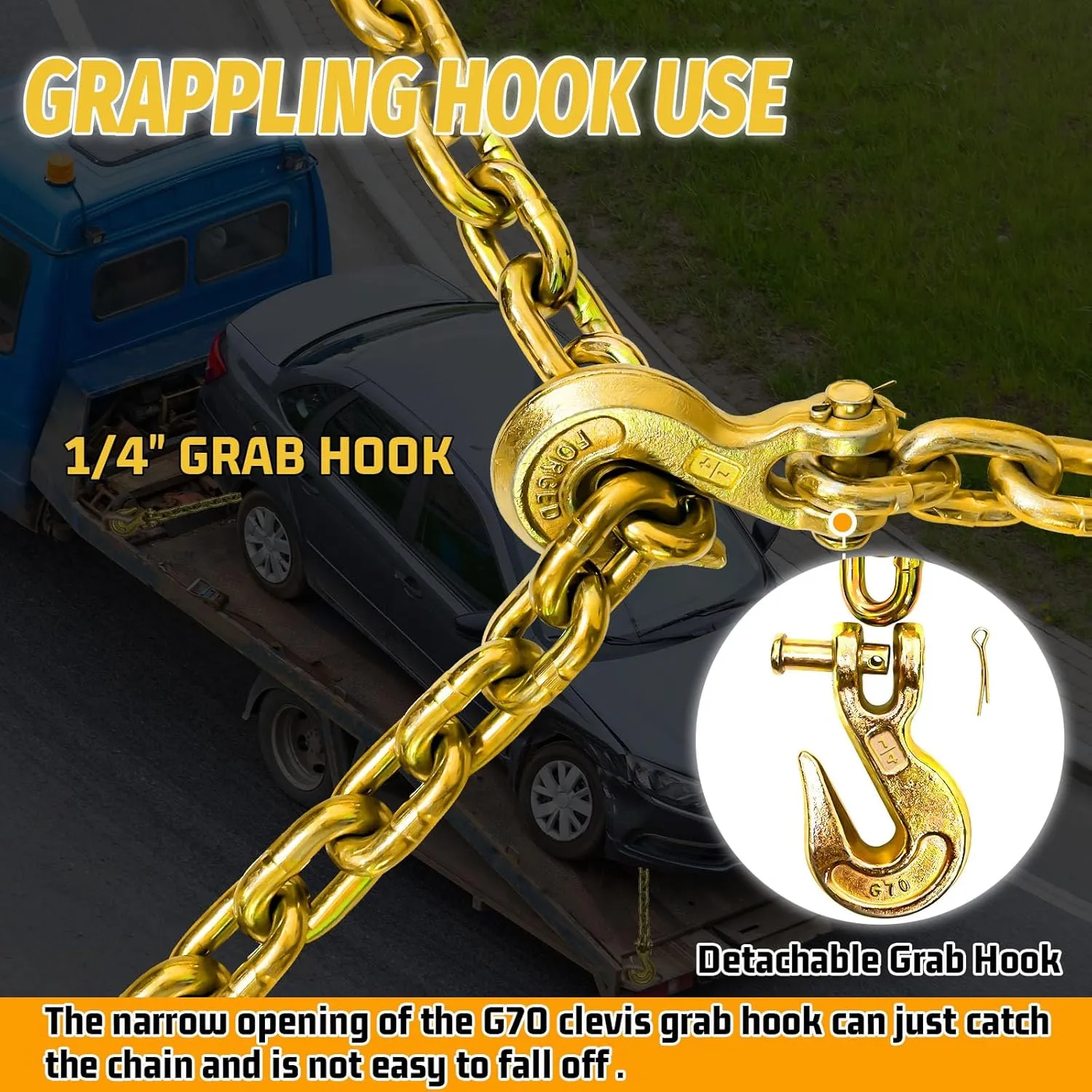 G80 Safety Binder Chain 1/4"×20 FT Heavy Duty Chain Wll 3300 Lbs Break Strength for Towing Log Trailer Safety Chain with Hooks for Transporting Towing Truck Tie Down Binding Equipment