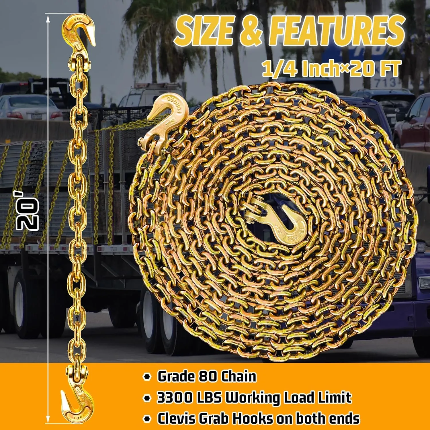 G80 Safety Binder Chain 1/4"×20 FT Heavy Duty Chain Wll 3300 Lbs Break Strength for Towing Log Trailer Safety Chain with Hooks for Transporting Towing Truck Tie Down Binding Equipment