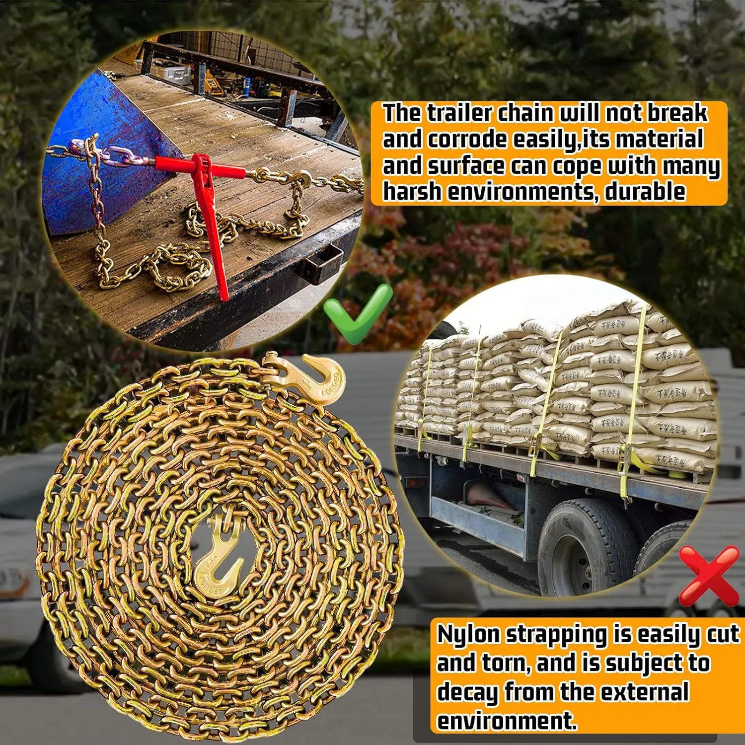 G80 Safety Binder Chain 1/4"×20 FT Heavy Duty Chain Wll 3300 Lbs Break Strength for Towing Log Trailer Safety Chain with Hooks for Transporting Towing Truck Tie Down Binding Equipment