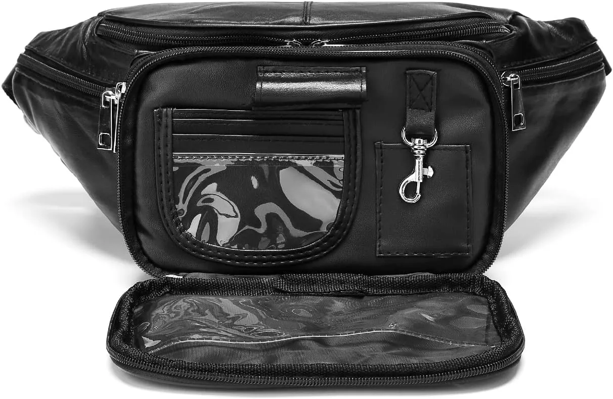 Genuine Leather Large 7 Pocket Waist Pack with Organizer, Card Slots (Black)