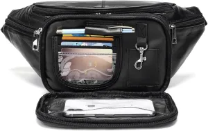 Genuine Leather Large 7 Pocket Waist Pack with Organizer, Card Slots (Black)