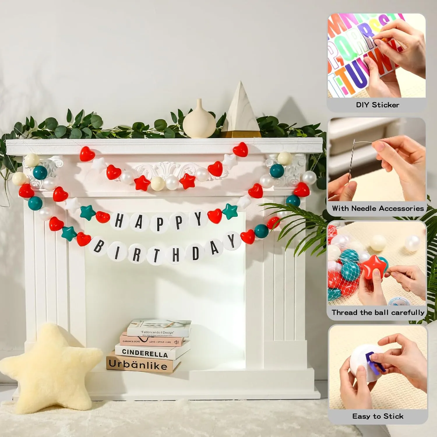 Giant Friendship Bracelet Garland with 50 Plastic Balls,24 PCS Foam Circles for Crafts Kit, Create Vibrant Birthday/Christmas Party Hangings with Star Shaped & Round Balls (Green Red)